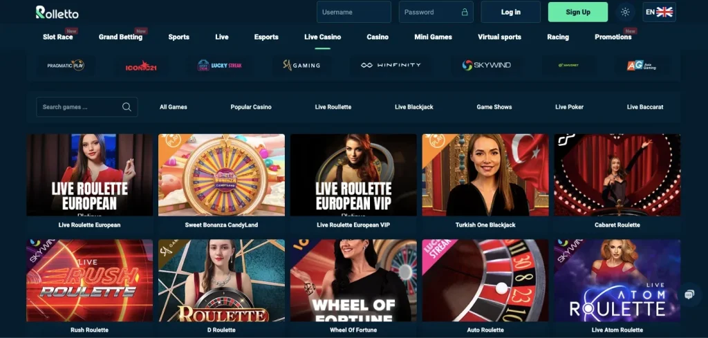 rolletto-live-casino-homepage